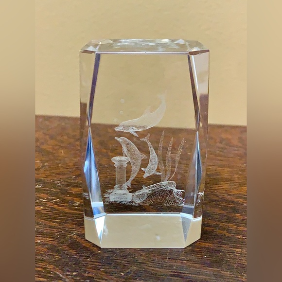 Solid Lead Crystal Laser Etched Swimming Dolphins Paperweight - Picture 3 of 16